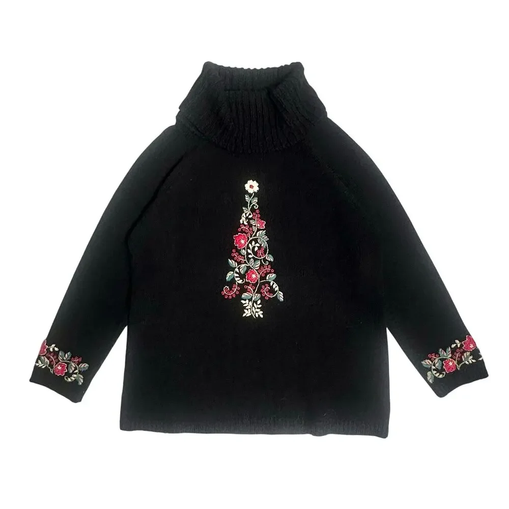 Coldwater Creek | Women | Floral Christmas Embroidered Cowl Neck Sweater | XL